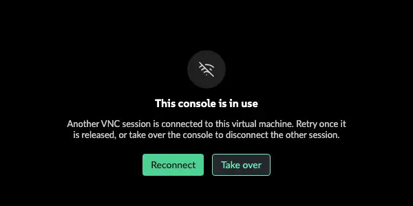 Card: This console is in use, with Reconnect and Take over