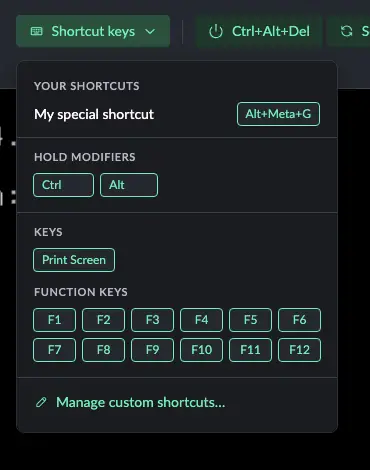 Shortcut keys menu while connected