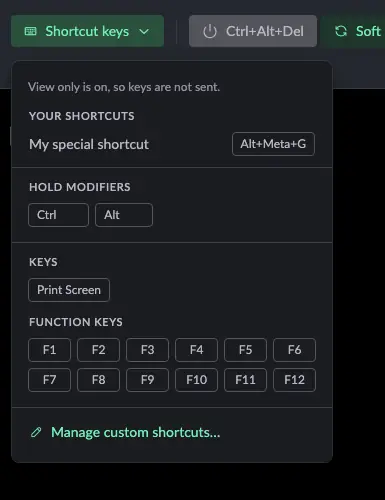 Shortcut keys menu with keys disabled and the line: View only is on, so keys are not sent